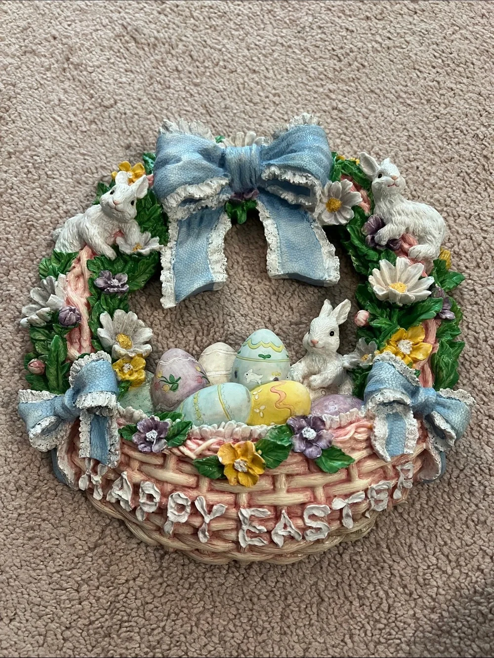 Easter Basket Wall Plaque with Blue Bows and Pastel Eggs